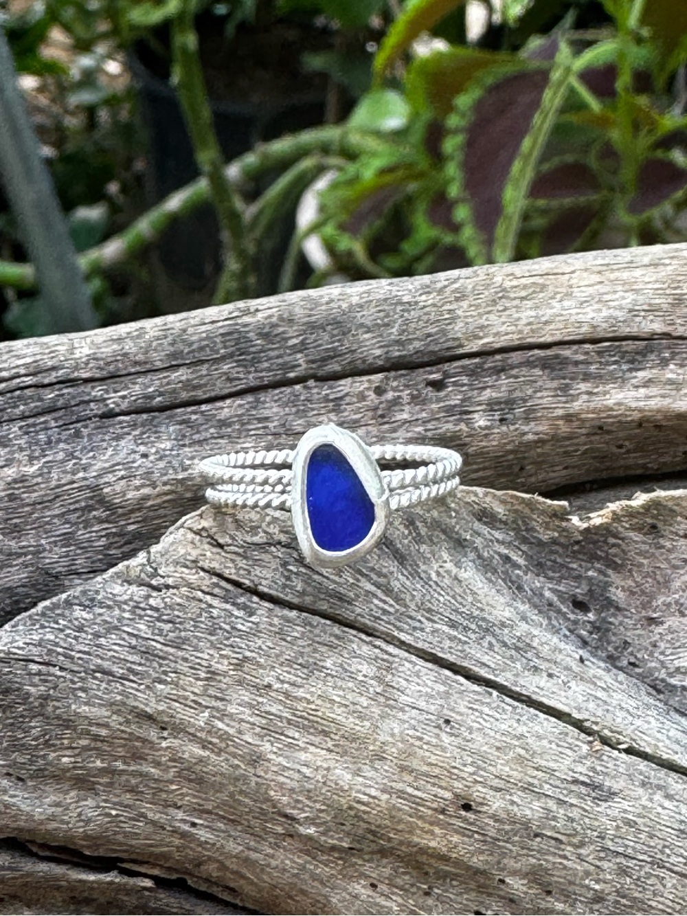 Cobalt blue  sea glass Sea tumbled sea glass sterling & fine silver ring